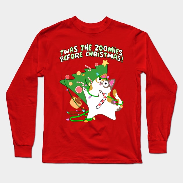 Twas the Zoomies Before Christmas Calico Cat Gone Crazy funny xmas Long Sleeve T-Shirt by xenotransplant